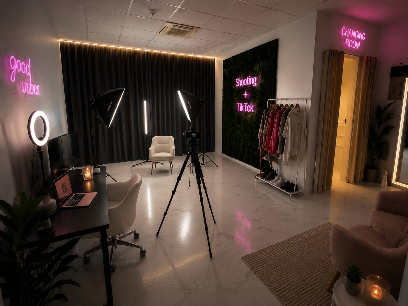 Sala 01 di Narciso Studios allestita per shooting e TikTok, con ring light, softbox e parete verde con insegna al neon